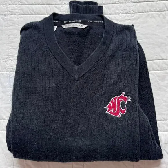 black Knit wsu v-neck sweater mens size L ribbed dark academia cotton relaxed - Picture 2 of 7